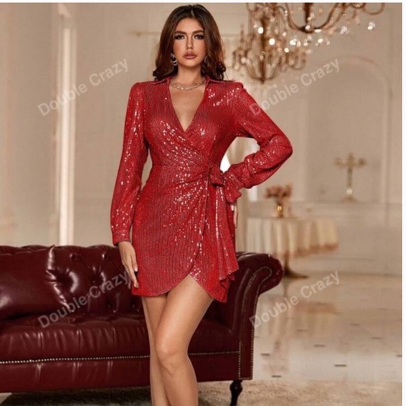 Red Sequin Wrap Dress Long Sleeve V Neck Double Crazy Size S Party Club Mini - Picture 4 of 11